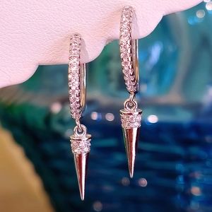PLATNIUM PLATED STERLING SILVER CRYSTAL DIAMOND ZIRCON CZ SPIKE DANGLE HOOPS☆NEW